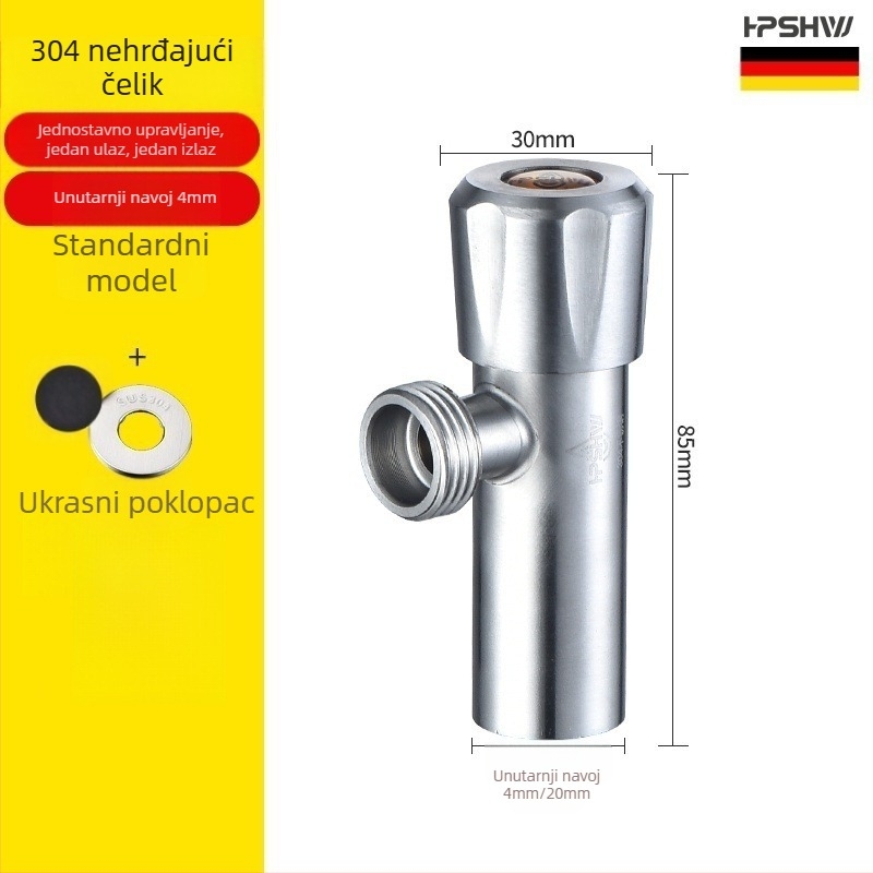 Trostruki kutni ventil od 304 nehrđajućeg čelika, zidna ugradnja, ulaz 1, izlaz 2, model HP-812