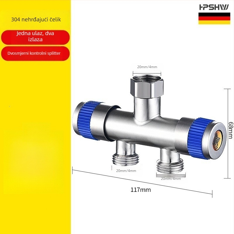 Trostruki kutni ventil od 304 nehrđajućeg čelika, zidna ugradnja, ulaz 1, izlaz 2, model HP-812