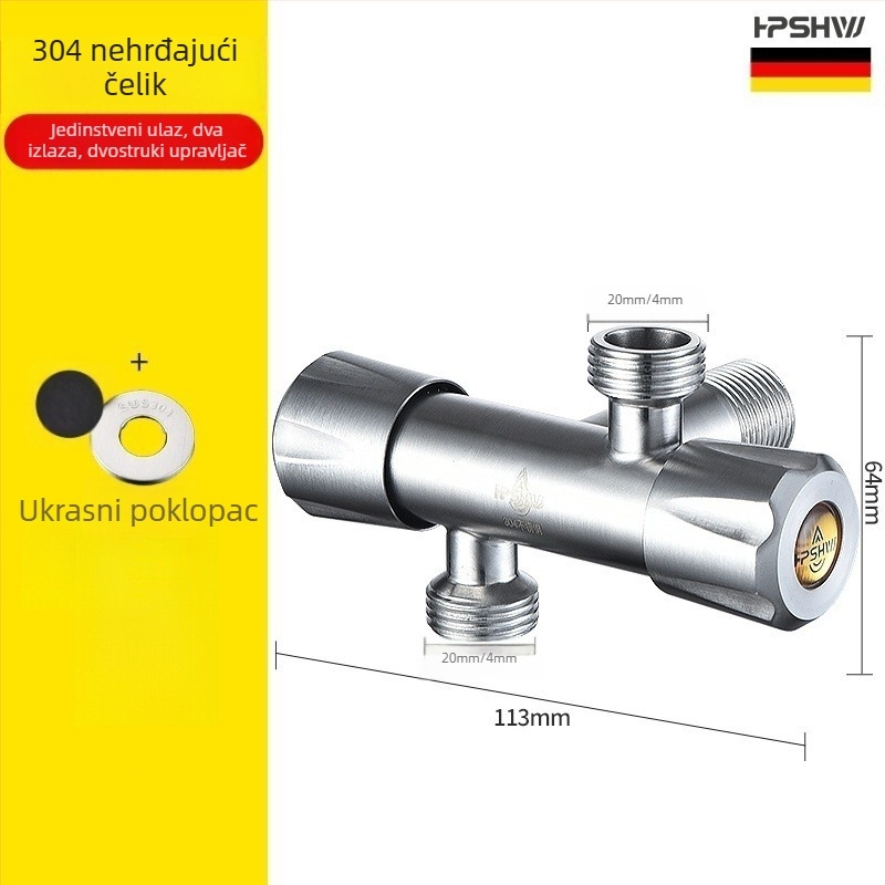 Trostruki kutni ventil od 304 nehrđajućeg čelika, zidna ugradnja, ulaz 1, izlaz 2, model HP-812