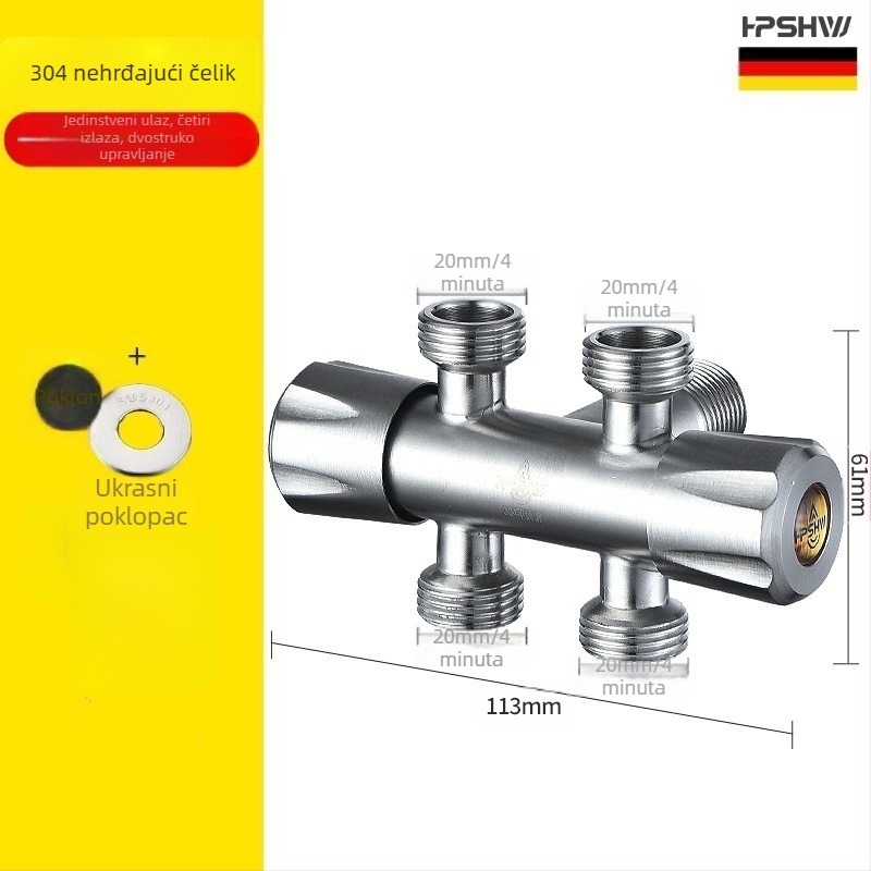 Trostruki kutni ventil od 304 nehrđajućeg čelika, zidna ugradnja, ulaz 1, izlaz 2, model HP-812