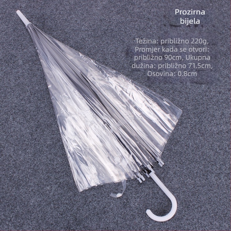 Prozirni kišobran s dugim drškom, automatsko otvaranje, PVC platno, 8 metalnih rebara, moguć tisak logotipa