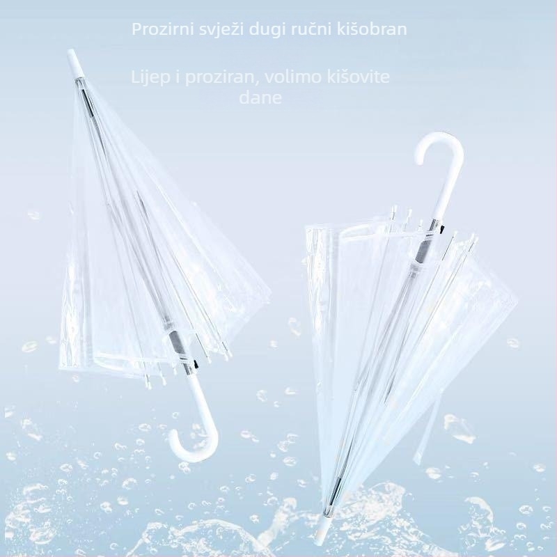 Prozirni kišobran s dugim drškom, automatsko otvaranje, PVC platno, 8 metalnih rebara, moguć tisak logotipa