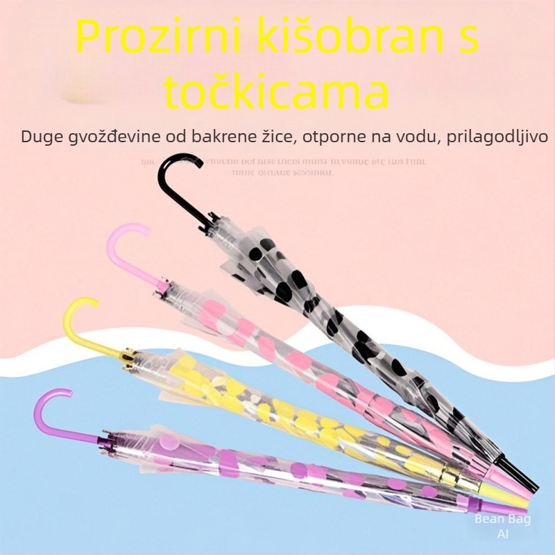 Prozirni kišobran s dugim drškom, automatsko otvaranje, PVC platno, 8 metalnih rebara, moguć tisak logotipa