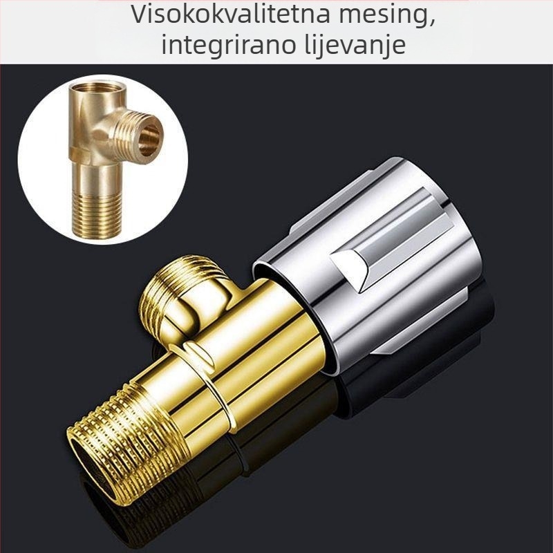Mesingani troputni kutni ventil s jednim ulazom i dva izlaza; zidna montaža; radni tlak 0,8–1,2 MPa; težina 0,3 kg; pogodan za kuhinju, bojler i WC