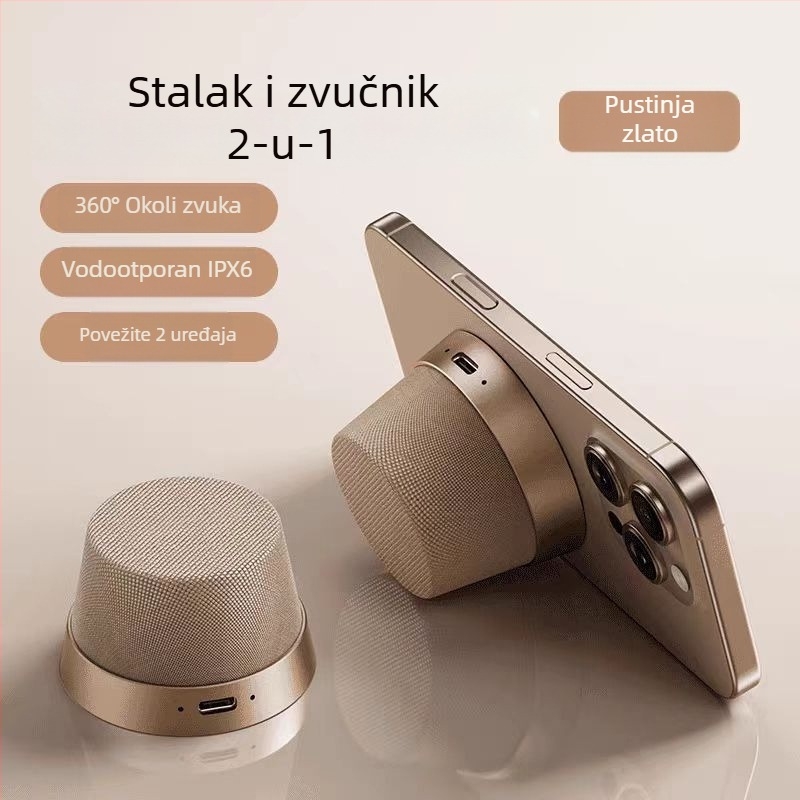 Magnetni mini zvučnik s držačem za telefon, Prijenosni Bluetooth auto-zvučnik, 5W, Bluetooth 5.3, Ugradbena baterija 300–500mAh, IPX2