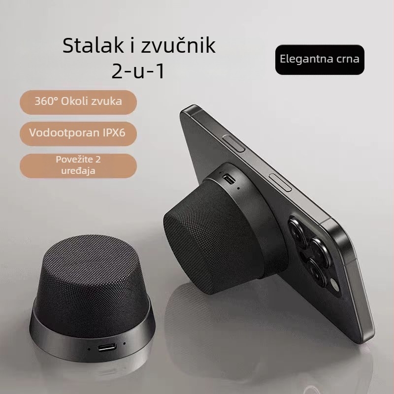 Magnetni mini zvučnik s držačem za telefon, Prijenosni Bluetooth auto-zvučnik, 5W, Bluetooth 5.3, Ugradbena baterija 300–500mAh, IPX2