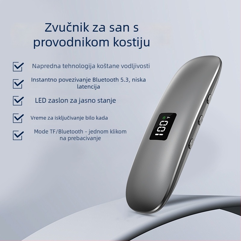 Slušalice za spavanje pomoću koštane vodljivosti, Bluetooth 5.3, frekvencijski odziv 100 Hz–20 kHz, ugrađena baterija 300–500 mAh, domet 10 m