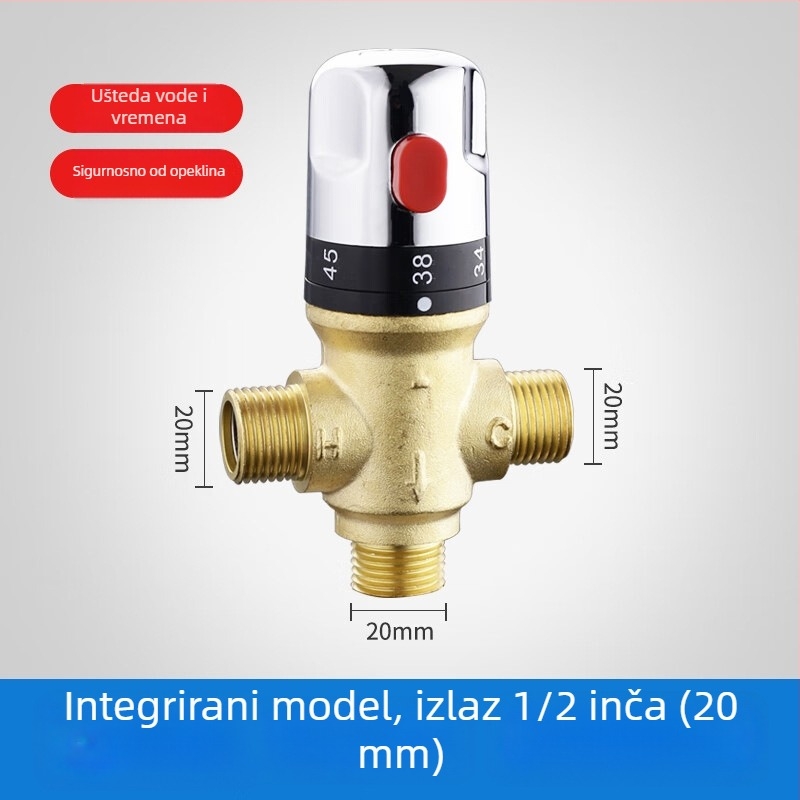 Inteligentni termostatski miješajući ventil od čistog bakra s portovima DN15, DN20, DN25 i DN32; radni tlak 0,03–1 MPa; temperaturni raspon hladna 5–29°C, topla 50–80°C.