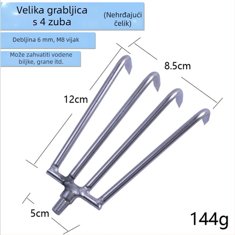 Nehrđajući čelik, teleskopska ribarska grablja za uklanjanje vodene biljke, s glavom od 8 ili 12 zuba; uključuje glavu grablje i štap za mrežu.