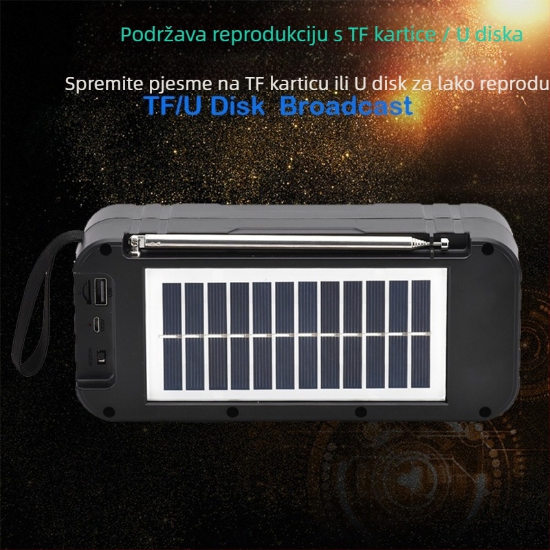 Bluetooth zvučnik na solarno punjenje s ugrađenom baterijom – 5W, Bluetooth 5.3, 1200–2000mAh, 100 Hz–20 kHz, domet 10 m