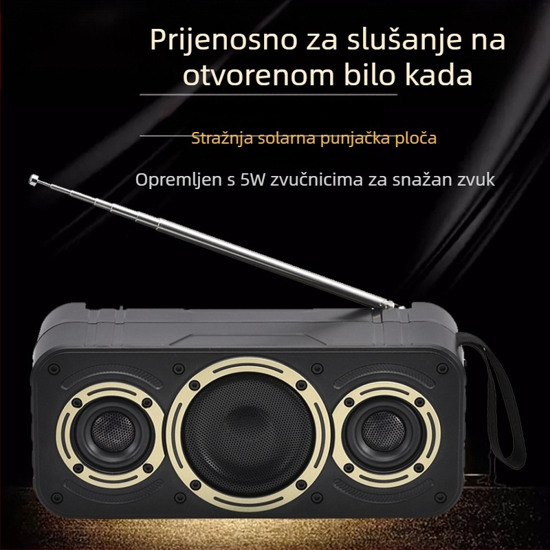 Bluetooth zvučnik na solarno punjenje s ugrađenom baterijom – 5W, Bluetooth 5.3, 1200–2000mAh, 100 Hz–20 kHz, domet 10 m