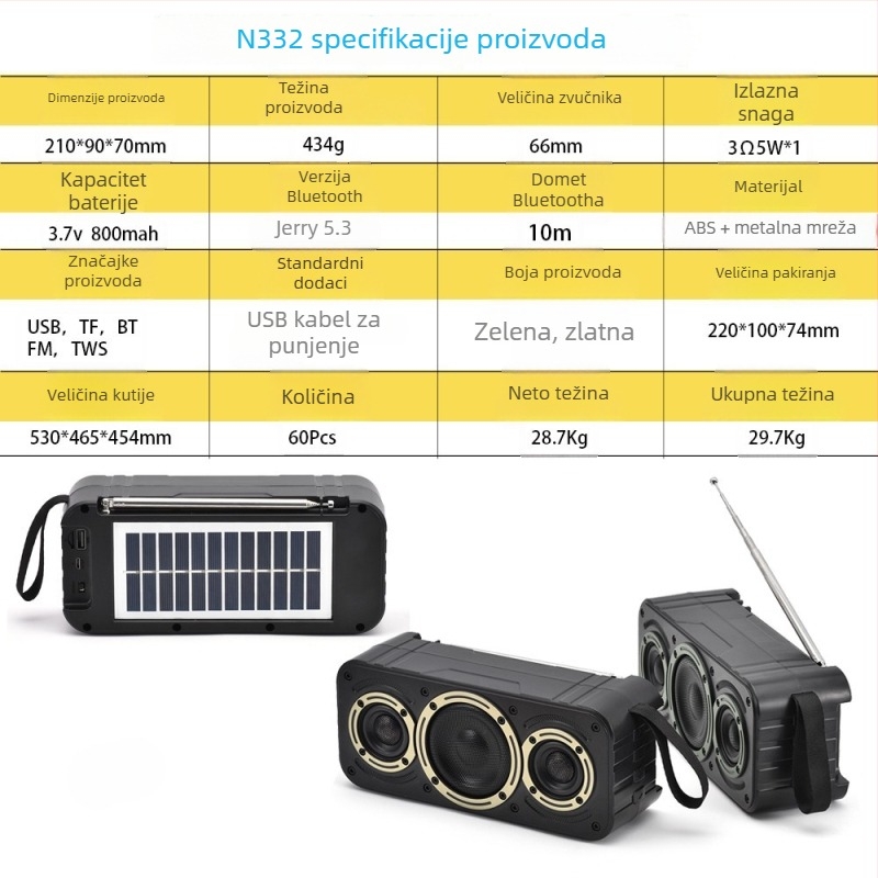 Bluetooth zvučnik na solarno punjenje s ugrađenom baterijom – 5W, Bluetooth 5.3, 1200–2000mAh, 100 Hz–20 kHz, domet 10 m