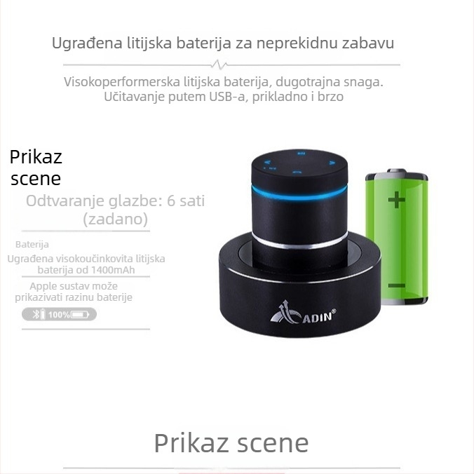 Adin Bluetooth zvučnik, Bluetooth 5.0, frekvencijski raspon 30 Hz–15 kHz, SNR ≥75 dB, ugrađena baterija 1000–1200 mAh, domet 10 m