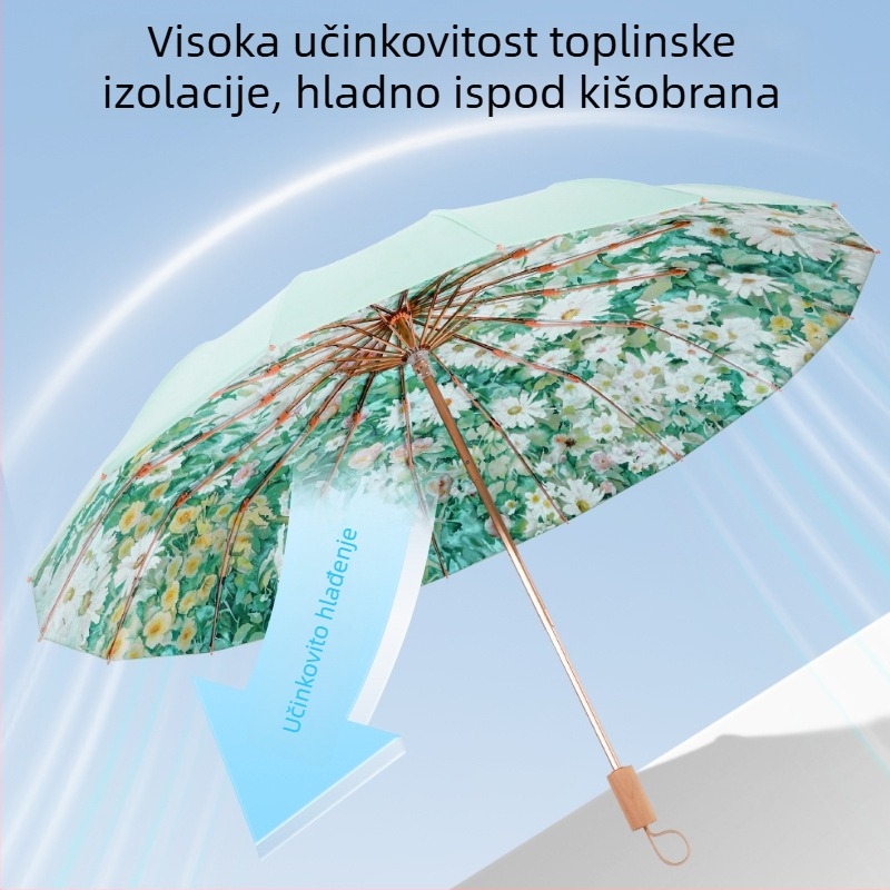 16-rameni sklopivi UV kišni suncobran, otporan na vjetar i kišu, ručno otvaranje i zatvaranje, drvena ručka, mogućnost prilagođavanja