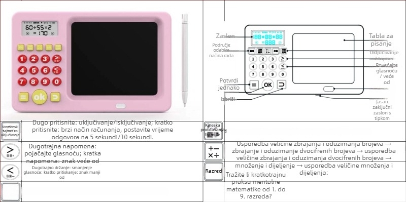 Pametna mašina za ranu edukaciju s usmenim kalkulatorom i pločom za pisanje za djecu 4–6 godina — LCD zaslon, punjiva litijska baterija, interaktivni dodir