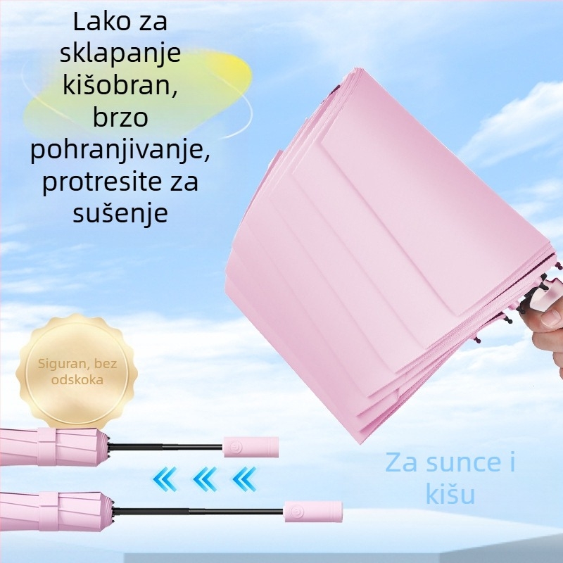 Školski automatski sklopivi kišobran za kišu i sunce, s automatskim otvaranjem i zatvaranjem, 8 rebara od čelika, tri-fold dizajn, ojačan i prenosan, UPF>50