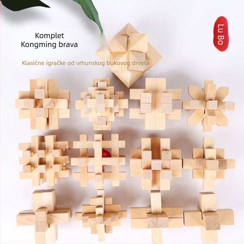 Drvena Kongming/Luban zagonetka za otključavanje – obrazovna igra za djecu 4–6 godina, prilagođene crteže, blister pakiranje