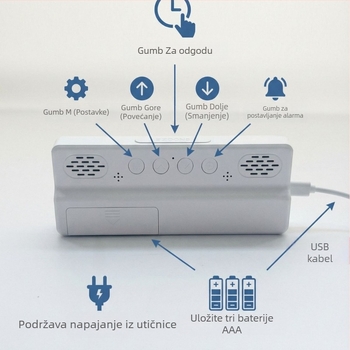 Alarmni sat za dnevni boravak s LED zaslonom, termometrom, kalendarom, noćnim svjetlom i tihim radom