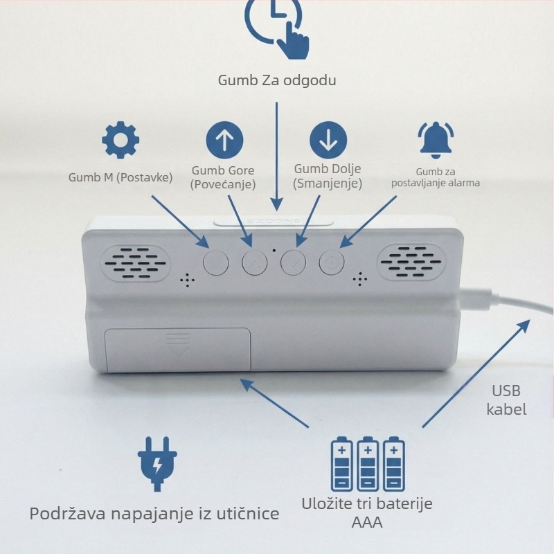 Alarmni sat za dnevni boravak s LED zaslonom, termometrom, kalendarom, noćnim svjetlom i tihim radom