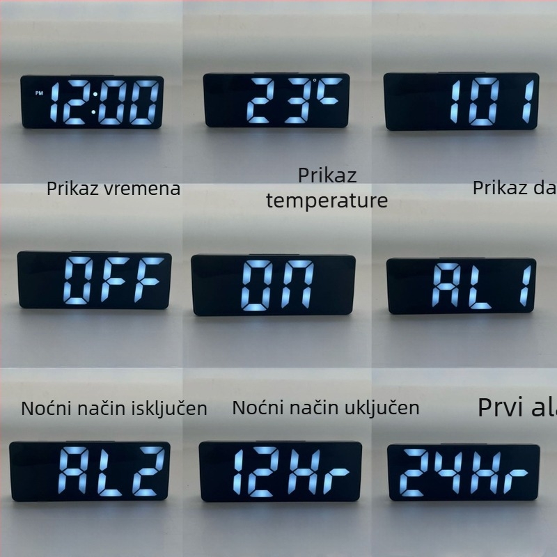 Alarmni sat za dnevni boravak s LED zaslonom, termometrom, kalendarom, noćnim svjetlom i tihim radom