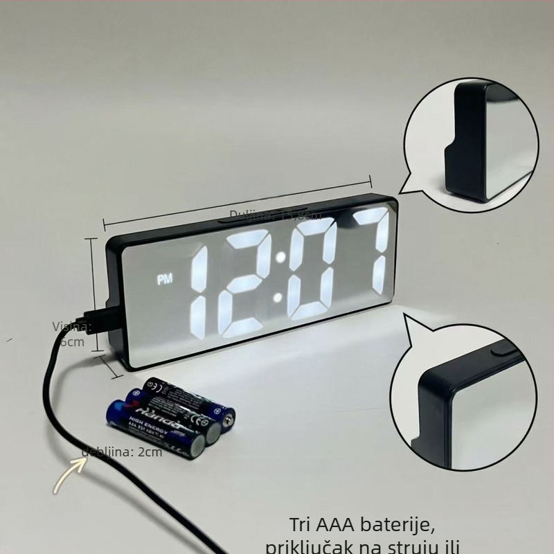 Alarmni sat za dnevni boravak s LED zaslonom, termometrom, kalendarom, noćnim svjetlom i tihim radom