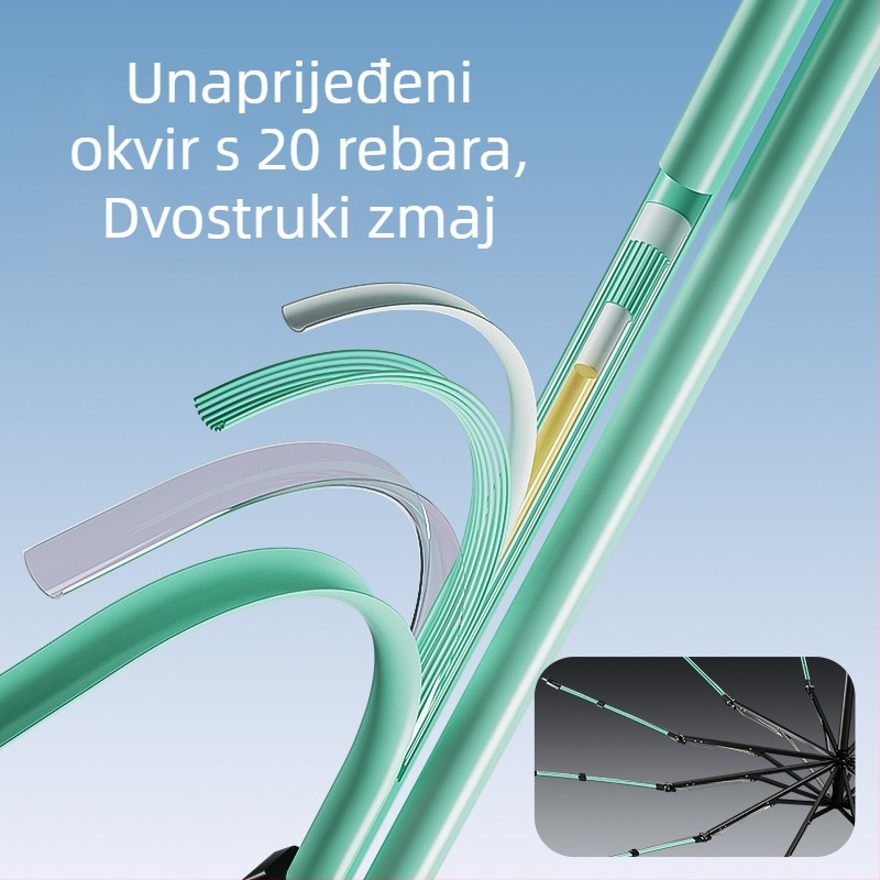 Zuodu reverzibilni automatski kišobran s 10 aluminijskih rebara, UPF50+, tkanina 210T, masa 650 g