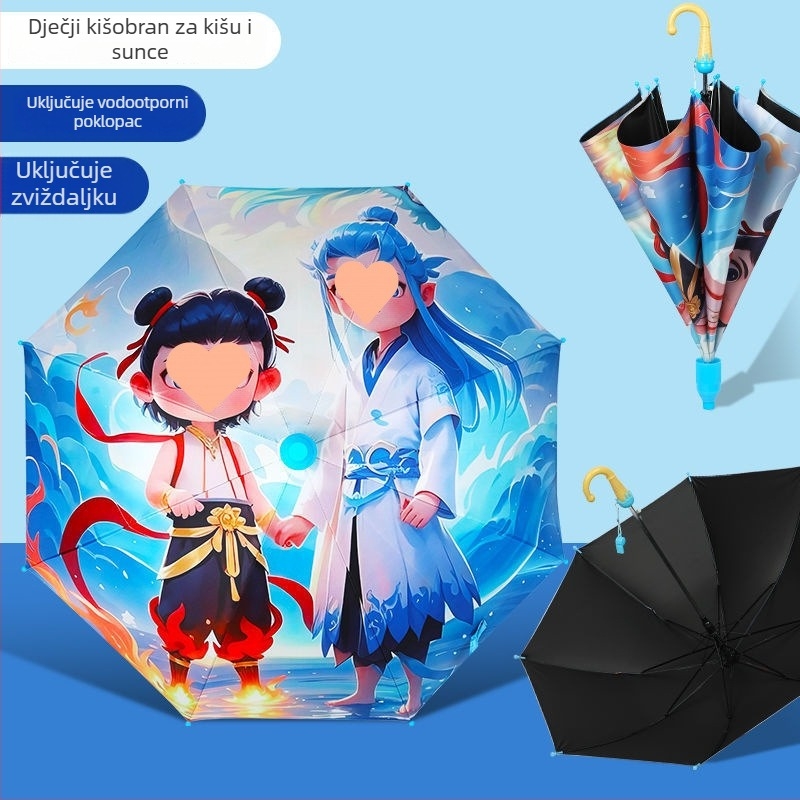 Dječji kišobran Nezha s karikaturom — vinilna tkanina, 8 rebara, aluminijski držač, ručno otvaranje, poluautomatsko zatvaranje