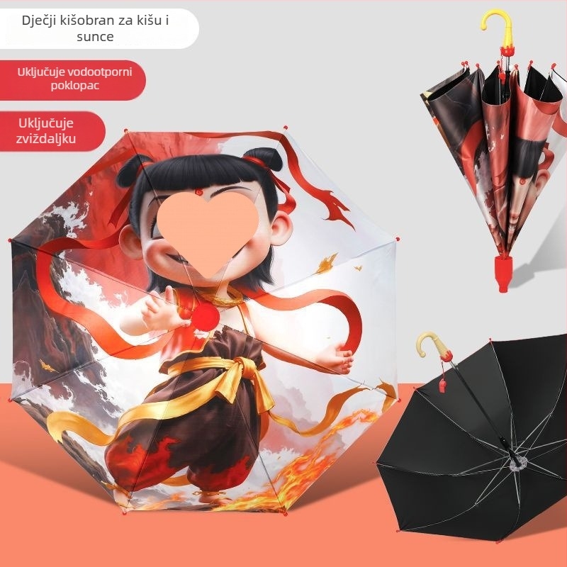 Dječji kišobran Nezha s karikaturom — vinilna tkanina, 8 rebara, aluminijski držač, ručno otvaranje, poluautomatsko zatvaranje