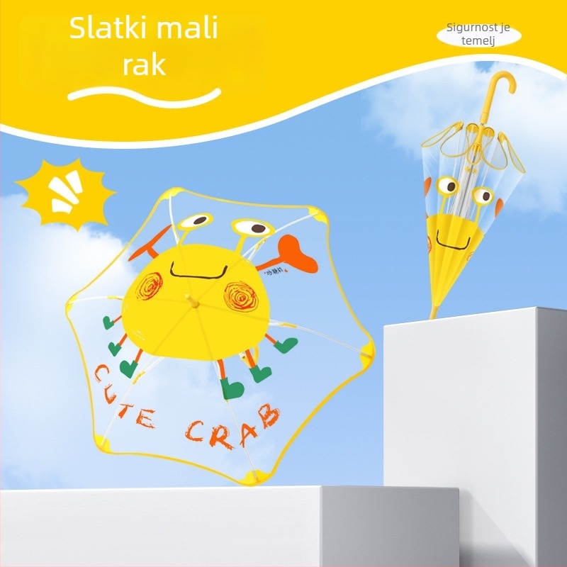 Dječji prozirni kišobran u stilu crtanog filma, s dugom zakrivljenom ručkom, PVC navlaka, 6 rebara, čelični okvir i plastična ručka