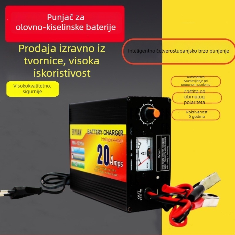 Punjač baterija automobila 12V, 10A/20A/30A, izlaz 14.5–14.8V, ulaz 110–240V AC, CE potvrda, Kompatibilno LiFePO4