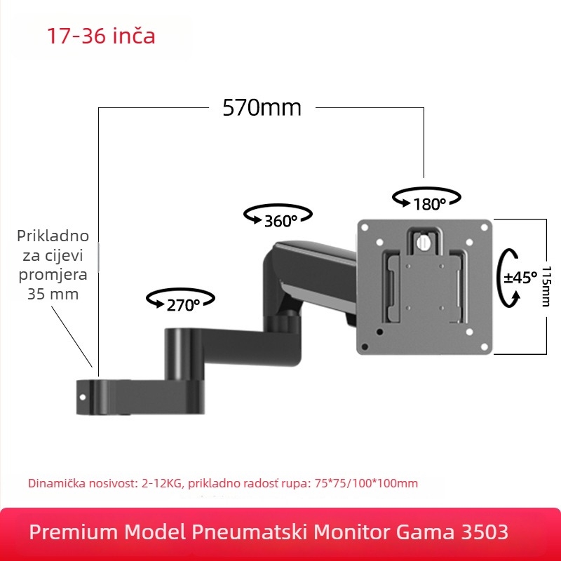 Nosač za dva monitora s plutajućim produžnim ramenom (Materijal: hladno valjana čelična + aluminijska legura; Kompatibilnost: metal + plastika; Značka: Hillport; Model: nosač za dva monitora)
