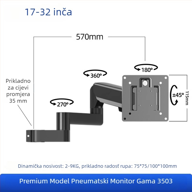 Nosač za dva monitora s plutajućim produžnim ramenom (Materijal: hladno valjana čelična + aluminijska legura; Kompatibilnost: metal + plastika; Značka: Hillport; Model: nosač za dva monitora)