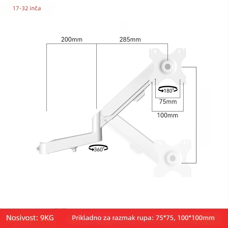 Nosač za dva monitora s plutajućim produžnim ramenom (Materijal: hladno valjana čelična + aluminijska legura; Kompatibilnost: metal + plastika; Značka: Hillport; Model: nosač za dva monitora)