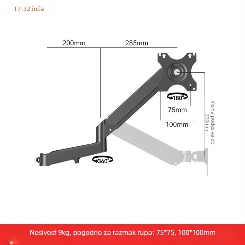 Nosač za dva monitora s plutajućim produžnim ramenom (Materijal: hladno valjana čelična + aluminijska legura; Kompatibilnost: metal + plastika; Značka: Hillport; Model: nosač za dva monitora)