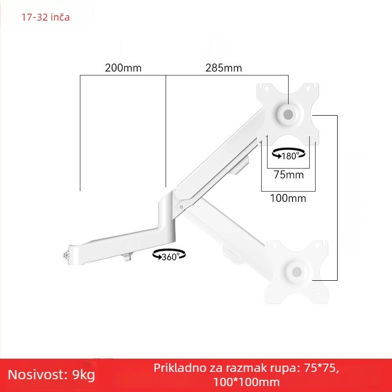 Nosač za dva monitora s plutajućim produžnim ramenom (Materijal: hladno valjana čelična + aluminijska legura; Kompatibilnost: metal + plastika; Značka: Hillport; Model: nosač za dva monitora)