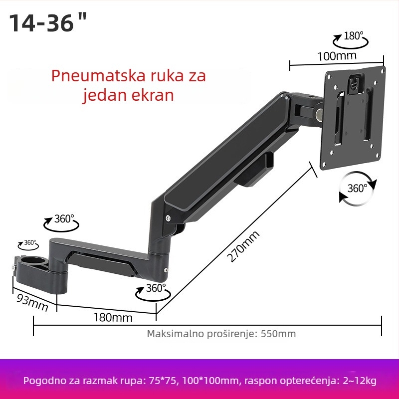 Nosač za dva monitora s plutajućim produžnim ramenom (Materijal: hladno valjana čelična + aluminijska legura; Kompatibilnost: metal + plastika; Značka: Hillport; Model: nosač za dva monitora)