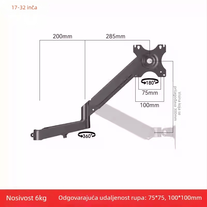 Nosač za dva monitora s plutajućim produžnim ramenom (Materijal: hladno valjana čelična + aluminijska legura; Kompatibilnost: metal + plastika; Značka: Hillport; Model: nosač za dva monitora)