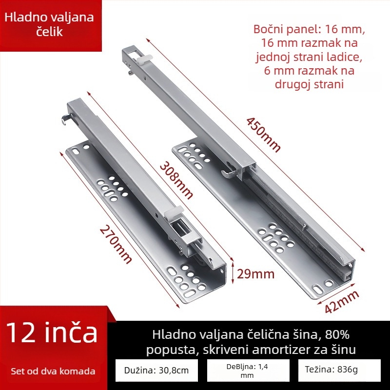 Vodilica za ladicu s amortizerom, skriveni dvodijelni model, čelična konstrukcija, moderan minimalistički stil