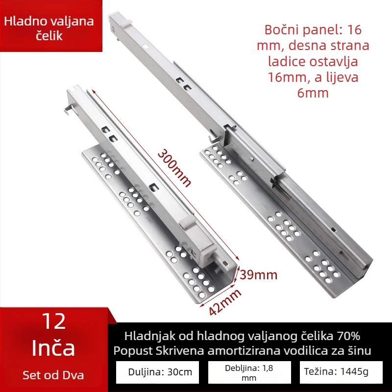 Vodilica za ladicu s amortizerom, skriveni dvodijelni model, čelična konstrukcija, moderan minimalistički stil