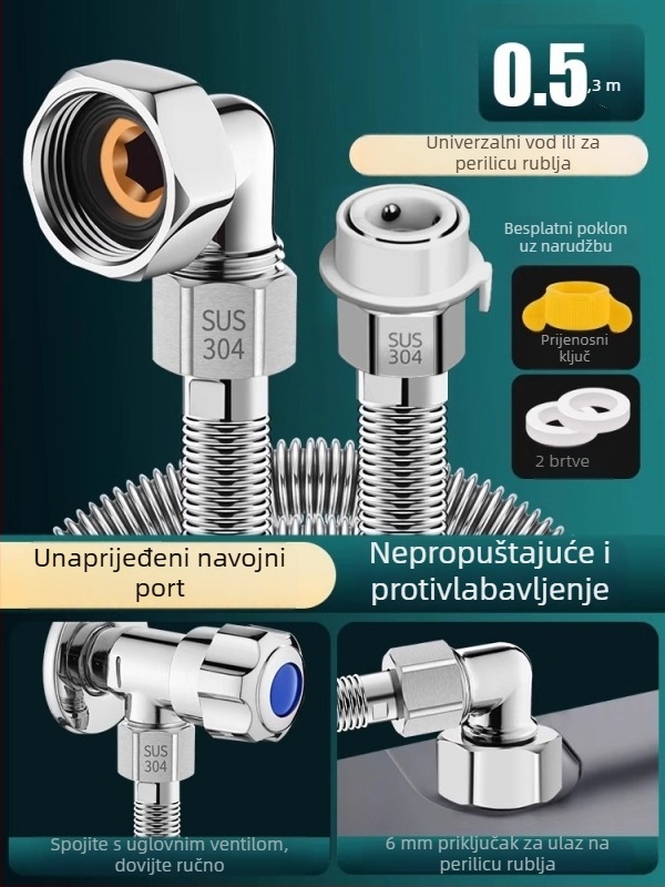 Cijev dovoda vode za perilicu od nehrđajućeg čelika, univerzalna kompatibilnost, cijev za dovod s protiv eksplozijske zaštite, Smart Bath, stil lagani luksuz