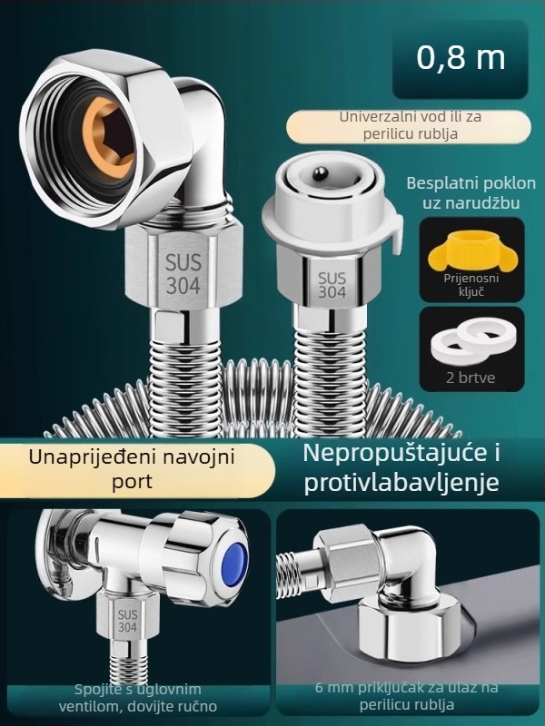 Cijev dovoda vode za perilicu od nehrđajućeg čelika, univerzalna kompatibilnost, cijev za dovod s protiv eksplozijske zaštite, Smart Bath, stil lagani luksuz