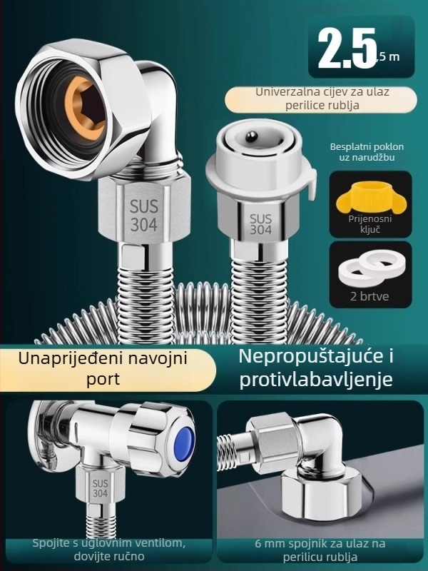 Cijev dovoda vode za perilicu od nehrđajućeg čelika, univerzalna kompatibilnost, cijev za dovod s protiv eksplozijske zaštite, Smart Bath, stil lagani luksuz