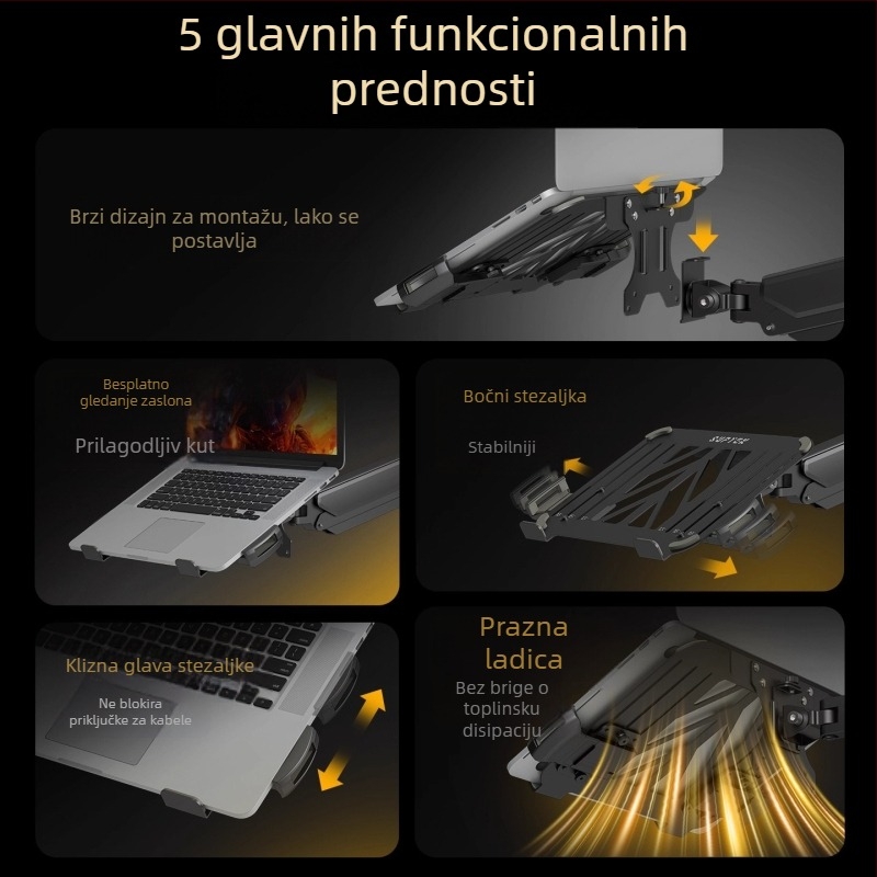 Stalak za prijenosno računalo i monitor s dvostrukim zaslonom i visećom ladicom — dvostruka podizna baza, hladno valjani čelik, model Tp0071