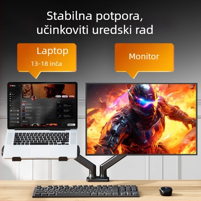 Stalak za prijenosno računalo i monitor s dvostrukim zaslonom i visećom ladicom — dvostruka podizna baza, hladno valjani čelik, model Tp0071