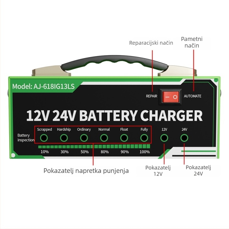 Punjač baterija za automobil – kompatibilan s Lead-Acid 12/24V, izlaz DC 12V 8A, ulaz AC 100-240V, metalno kućište serije 618