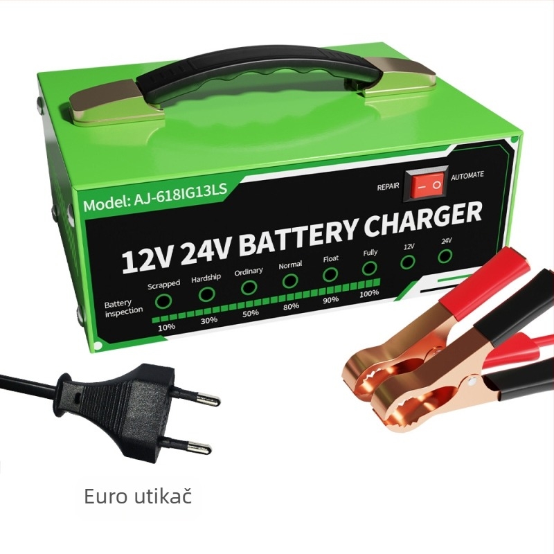 Punjač baterija za automobil – kompatibilan s Lead-Acid 12/24V, izlaz DC 12V 8A, ulaz AC 100-240V, metalno kućište serije 618