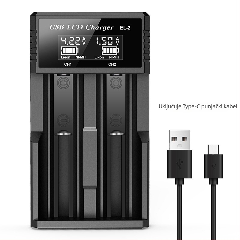 LCD punjač baterija Li-ion 18650/21700/26650 i NiMH AA/AAA s LCD zaslonom – ulaz DC5V, izlaz DC4.2V 2A, automatsko prepoznavanje tipa baterije i prikaz napona i struje, CE/EMC/FCC certifikati, EL serija