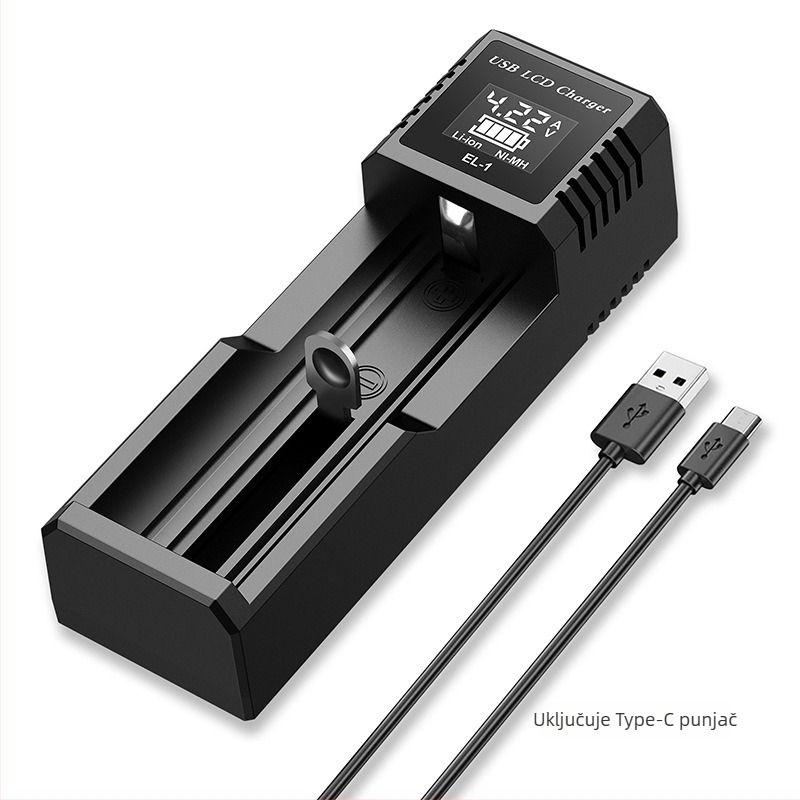 LCD punjač baterija Li-ion 18650/21700/26650 i NiMH AA/AAA s LCD zaslonom – ulaz DC5V, izlaz DC4.2V 2A, automatsko prepoznavanje tipa baterije i prikaz napona i struje, CE/EMC/FCC certifikati, EL serija