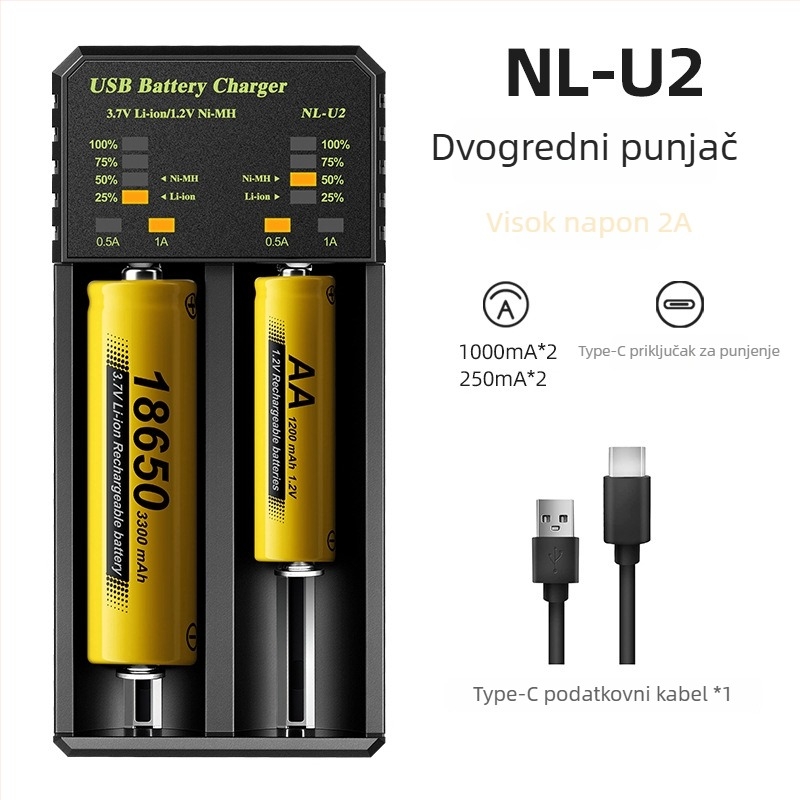 LCD punjač baterija Li-ion 18650/21700/26650 i NiMH AA/AAA s LCD zaslonom – ulaz DC5V, izlaz DC4.2V 2A, automatsko prepoznavanje tipa baterije i prikaz napona i struje, CE/EMC/FCC certifikati, EL serija