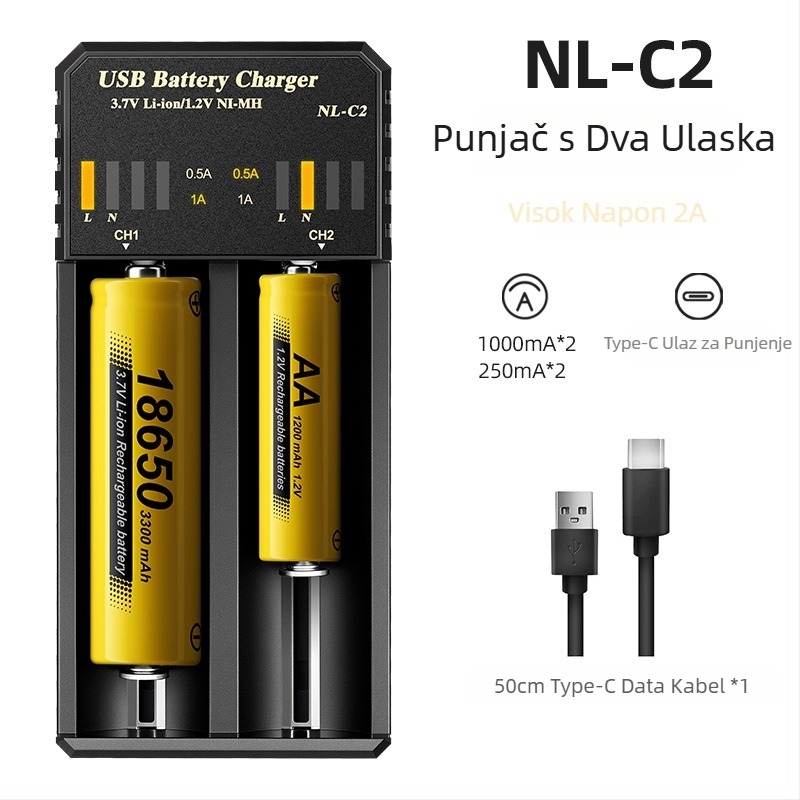 LCD punjač baterija Li-ion 18650/21700/26650 i NiMH AA/AAA s LCD zaslonom – ulaz DC5V, izlaz DC4.2V 2A, automatsko prepoznavanje tipa baterije i prikaz napona i struje, CE/EMC/FCC certifikati, EL serija